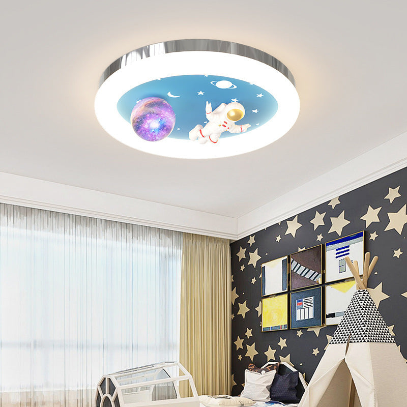 Modern Art Deco Kids Star Astronaut Round Acrylic Resin Iron LED Flush Mount Ceiling Light For Bedroom