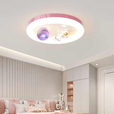 Modern Art Deco Kids Star Astronaut Round Acrylic Resin Iron LED Flush Mount Ceiling Light For Bedroom