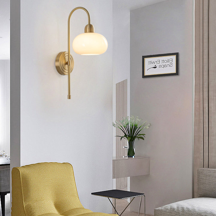 Contemporary Scandinavian Persimmon Shape Round Glass Brass 1-Light Wall Sconce Lamp For Living Room