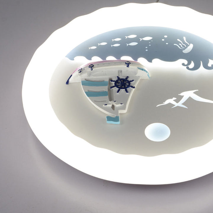 Modern Art Deco Kids Round Sailboat Seagull Acrylic Iron LED Mount Ceiling Light For Bedroom