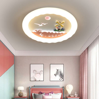 Modern Art Deco Kids Round Sailboat Seagull Acrylic Iron LED Mount Ceiling Light For Bedroom