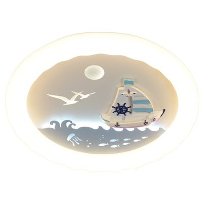 Modern Art Deco Kids Round Sailboat Seagull Acrylic Iron LED Mount Ceiling Light For Bedroom