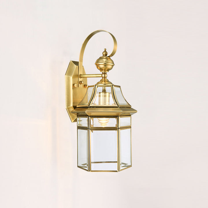 Zeitgenössische nordische sechseckige Glocken-Wandlampe aus wasserdichtem Glas und Messing mit 1 Licht für den Außenbereich 