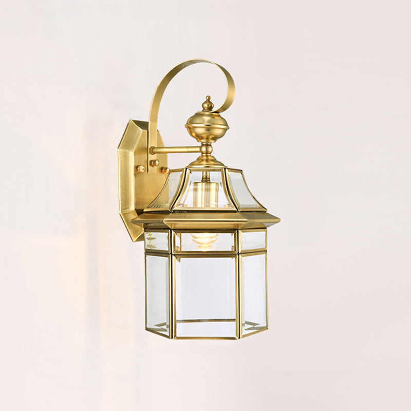Lámpara de Aplique de Pared de 1 Luz Contemporánea Nórdica Hexagonal de Campana de Vidrio Impermeable de Latón para Patio Exterior 