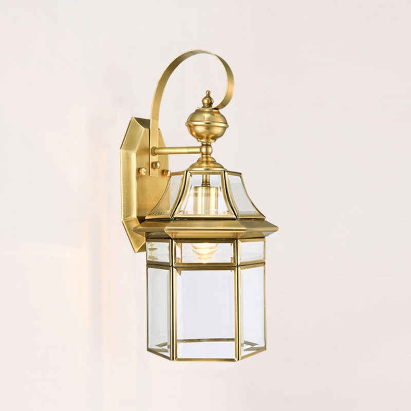 Lámpara de Aplique de Pared de 1 Luz Contemporánea Nórdica Hexagonal de Campana de Vidrio Impermeable de Latón para Patio Exterior 