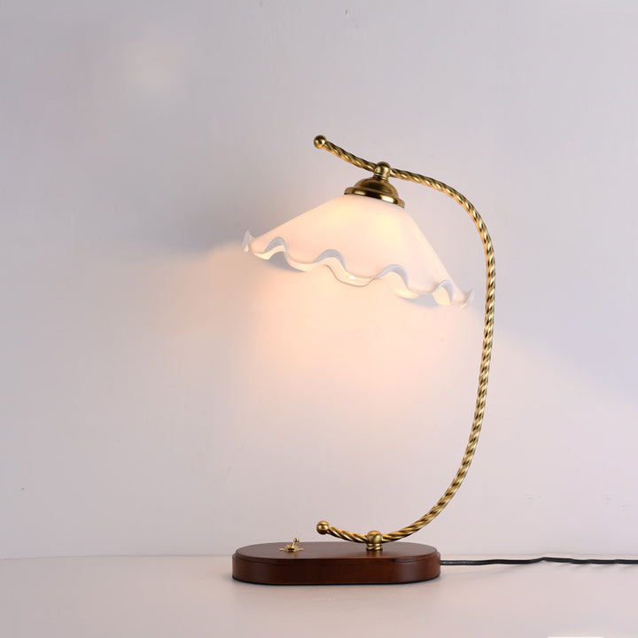 Traditional Vintage Floral Oval Curved Glass Walnut Iron 1-Light Table Lamp For Living Room