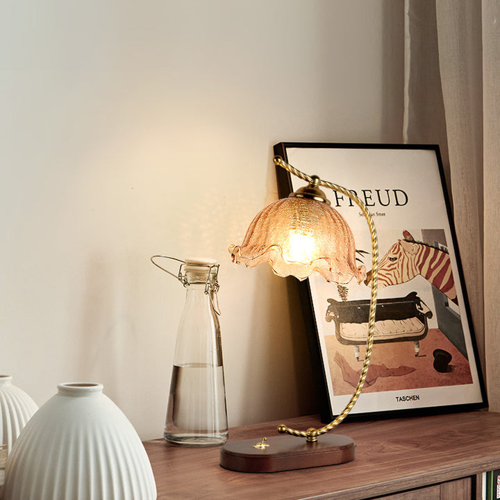 Traditional Vintage Floral Oval Curved Glass Walnut Iron 1-Light Table Lamp For Living Room
