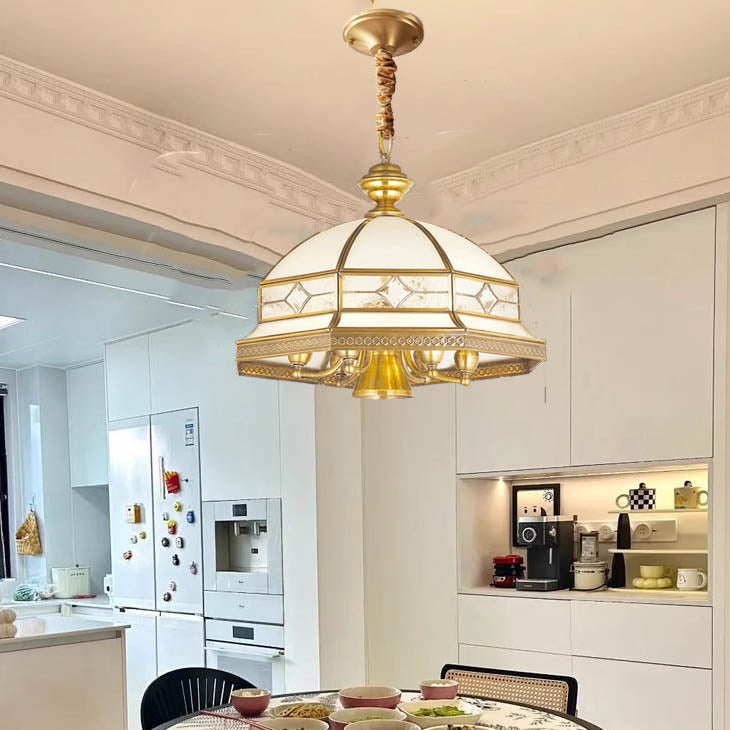 Contemporary Scandinavian Round Umbrella Glass Copper 1/7 Light Chandelier For Living Room