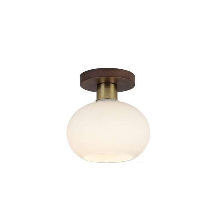 Plafonnier semi-encastré 1 lumière en laiton et noyer avec globe en verre rond chinois traditionnel pour chambre à coucher 