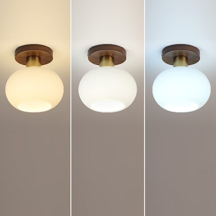 Plafonnier semi-encastré 1 lumière en laiton et noyer avec globe en verre rond chinois traditionnel pour chambre à coucher 