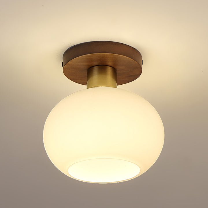 Plafonnier semi-encastré 1 lumière en laiton et noyer avec globe en verre rond chinois traditionnel pour chambre à coucher 