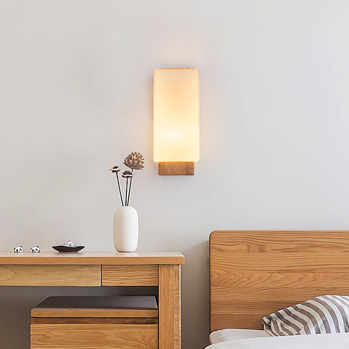 Traditionelle japanische rechteckige Glas-Holz-Wandleuchte mit 1 Licht für das Wohnzimmer 