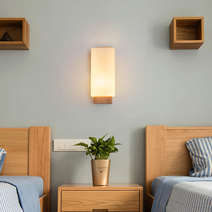 Traditionelle japanische rechteckige Glas-Holz-Wandleuchte mit 1 Licht für das Wohnzimmer 
