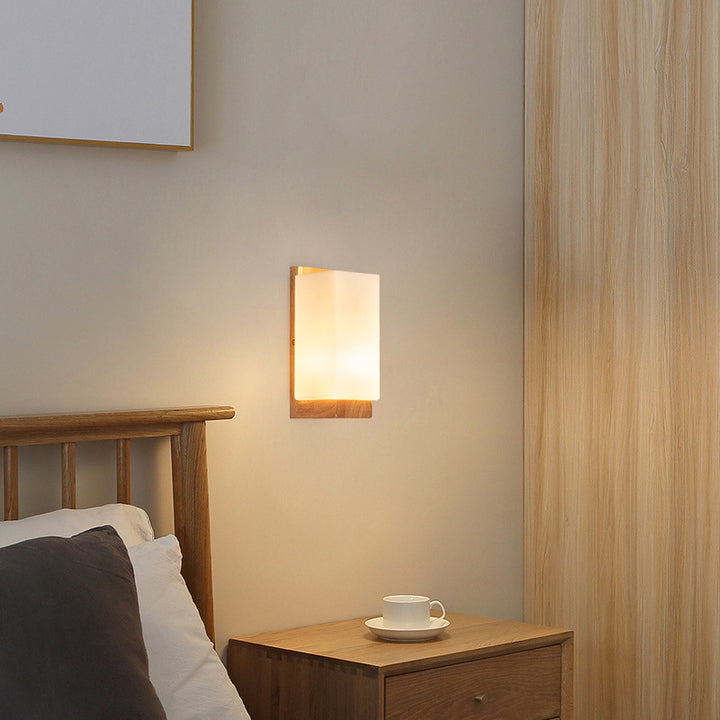 Traditionelle japanische rechteckige Glas-Holz-Wandleuchte mit 1 Licht für das Wohnzimmer 