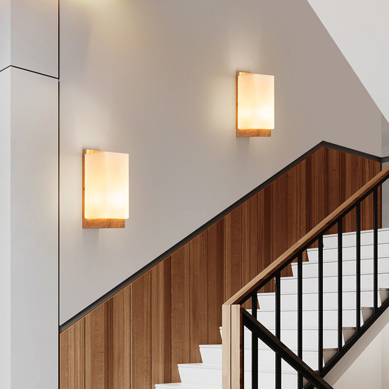 Traditionelle japanische rechteckige Glas-Holz-Wandleuchte mit 1 Licht für das Wohnzimmer 