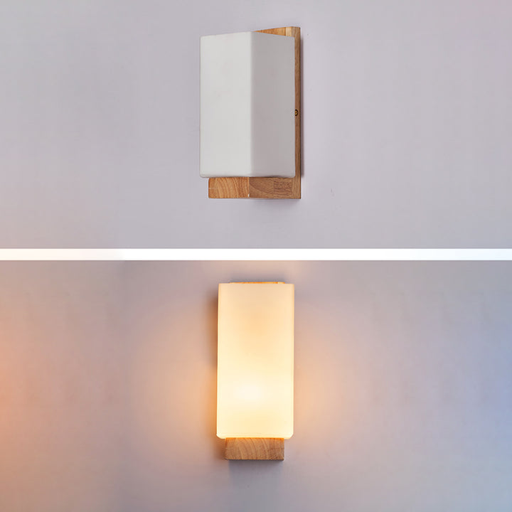 Traditionelle japanische rechteckige Glas-Holz-Wandleuchte mit 1 Licht für das Wohnzimmer 