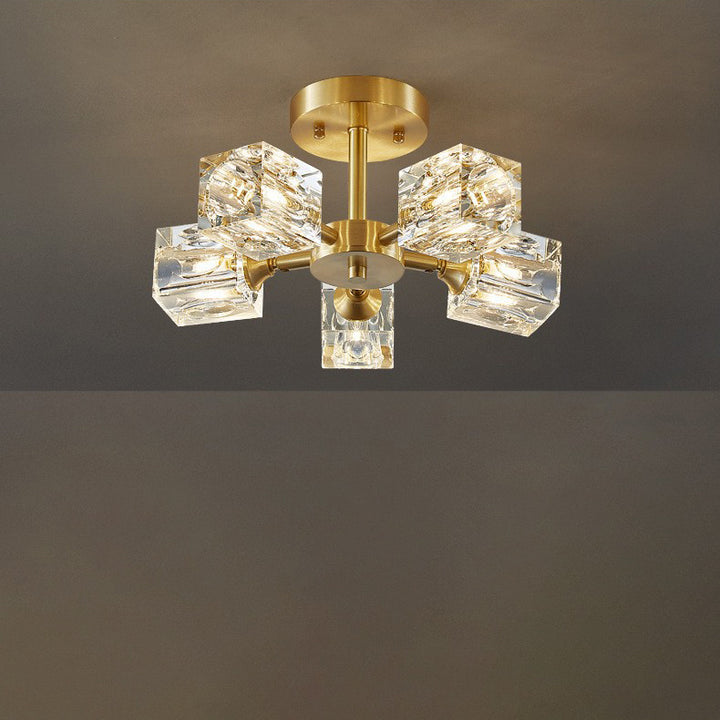 Contemporary Scandinavian Branch Square Round Crystal Brass 3/4/5/6 Light Semi-Flush Mount Ceiling Light For Bedroom