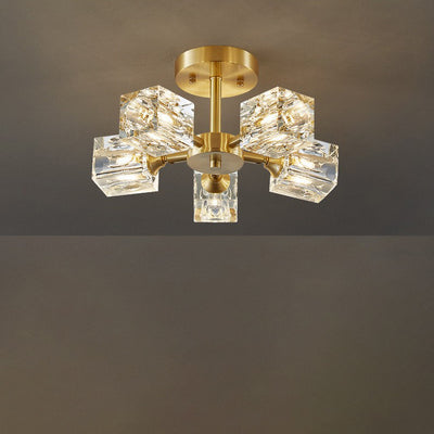 Zeitgenössische skandinavische Ast Quadrat Runde Kristall Messing 3/4/5/6 Licht Semi-Flush Mount Deckenleuchte für Schlafzimmer 