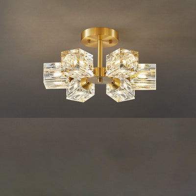 Zeitgenössische skandinavische Ast Quadrat Runde Kristall Messing 3/4/5/6 Licht Semi-Flush Mount Deckenleuchte für Schlafzimmer 
