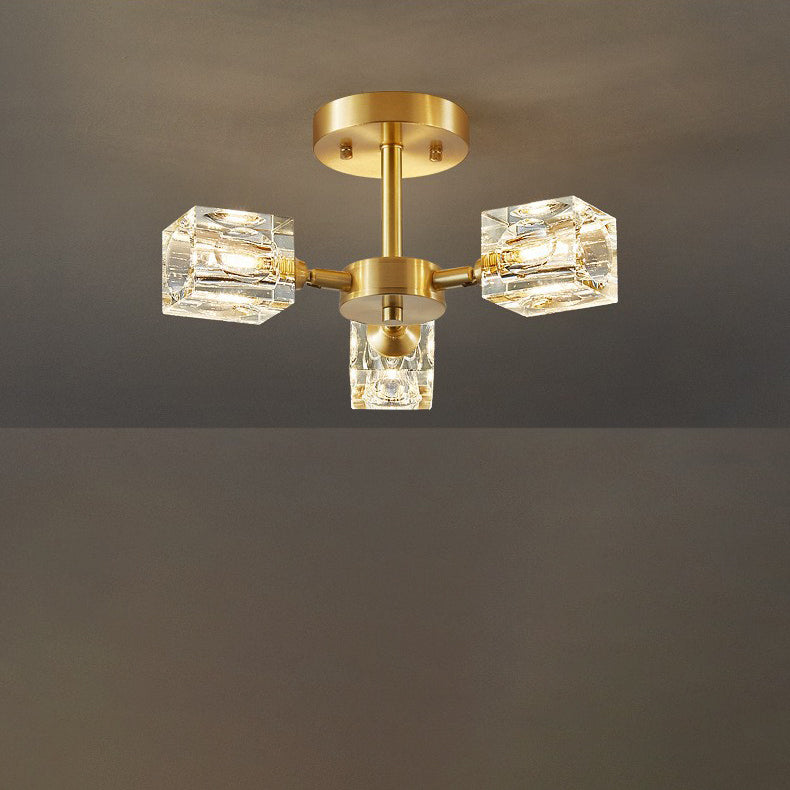 Zeitgenössische skandinavische Ast Quadrat Runde Kristall Messing 3/4/5/6 Licht Semi-Flush Mount Deckenleuchte für Schlafzimmer 