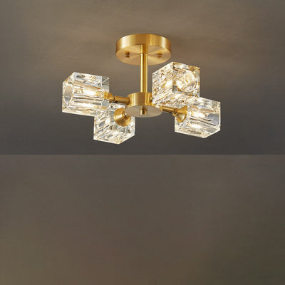 Zeitgenössische skandinavische Ast Quadrat Runde Kristall Messing 3/4/5/6 Licht Semi-Flush Mount Deckenleuchte für Schlafzimmer 
