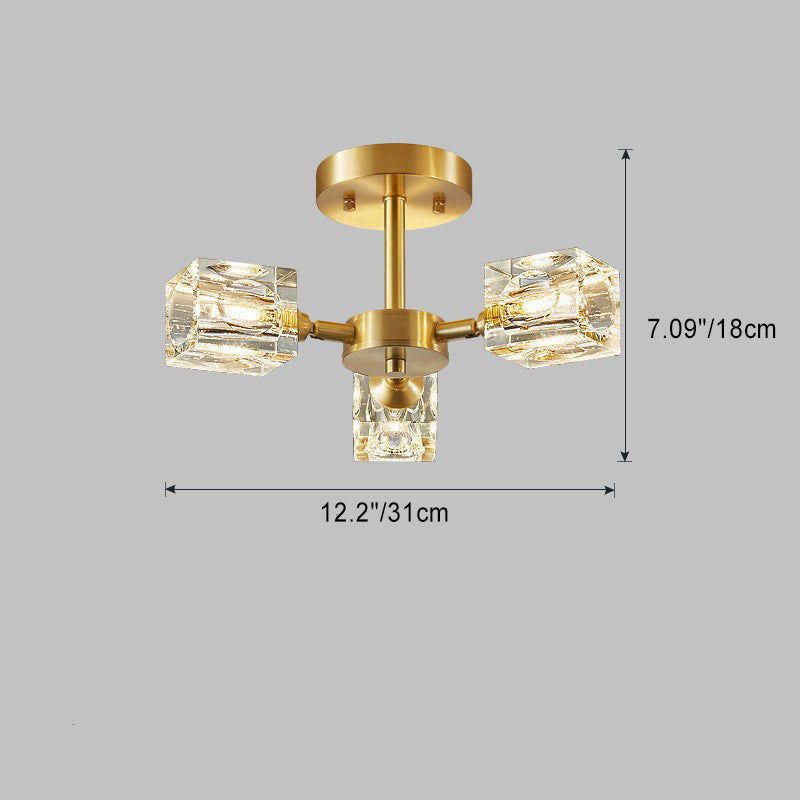 Zeitgenössische skandinavische Ast Quadrat Runde Kristall Messing 3/4/5/6 Licht Semi-Flush Mount Deckenleuchte für Schlafzimmer 