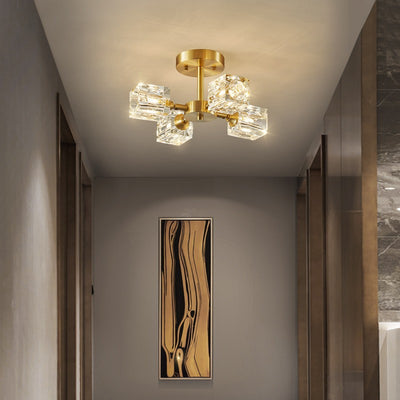 Zeitgenössische skandinavische Ast Quadrat Runde Kristall Messing 3/4/5/6 Licht Semi-Flush Mount Deckenleuchte für Schlafzimmer 