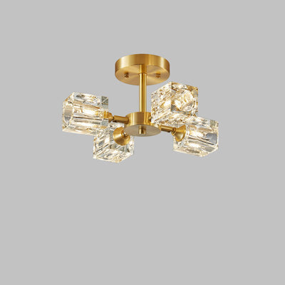 Zeitgenössische skandinavische Ast Quadrat Runde Kristall Messing 3/4/5/6 Licht Semi-Flush Mount Deckenleuchte für Schlafzimmer 