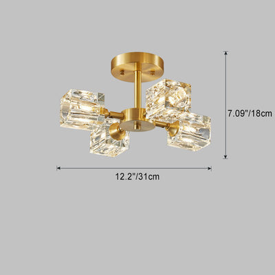 Zeitgenössische skandinavische Ast Quadrat Runde Kristall Messing 3/4/5/6 Licht Semi-Flush Mount Deckenleuchte für Schlafzimmer 