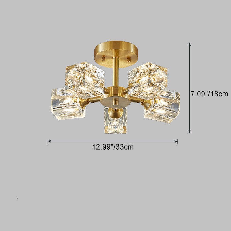 Zeitgenössische skandinavische Ast Quadrat Runde Kristall Messing 3/4/5/6 Licht Semi-Flush Mount Deckenleuchte für Schlafzimmer 