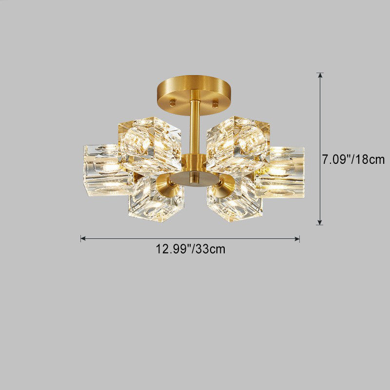Zeitgenössische skandinavische Ast Quadrat Runde Kristall Messing 3/4/5/6 Licht Semi-Flush Mount Deckenleuchte für Schlafzimmer 