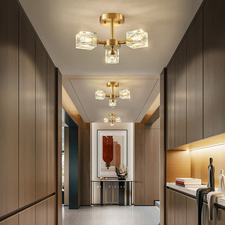 Zeitgenössische skandinavische Ast Quadrat Runde Kristall Messing 3/4/5/6 Licht Semi-Flush Mount Deckenleuchte für Schlafzimmer 