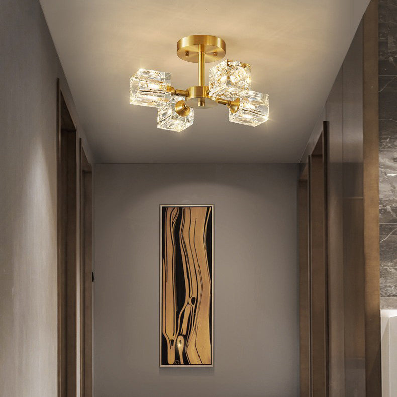 Zeitgenössische skandinavische Ast Quadrat Runde Kristall Messing 3/4/5/6 Licht Semi-Flush Mount Deckenleuchte für Schlafzimmer 