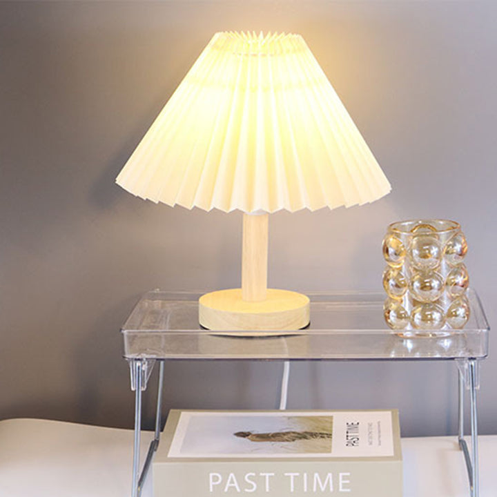 Lámpara de mesa de 1 luz de madera maciza con pantalla plisada redonda de tela escandinava contemporánea para sala de estar 