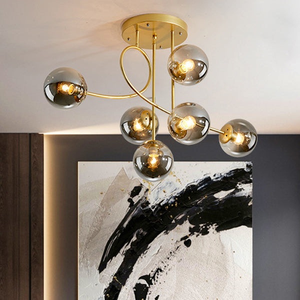 Contemporary Scandinavian Magic Bean Round Glass Iron 6-Light Chandelier For Living Room