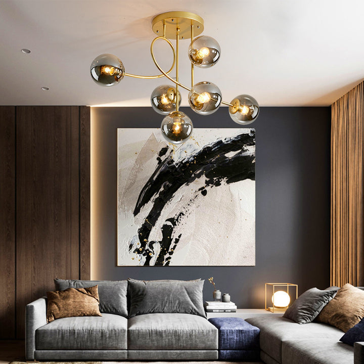 Contemporary Scandinavian Magic Bean Round Glass Iron 6-Light Chandelier For Living Room