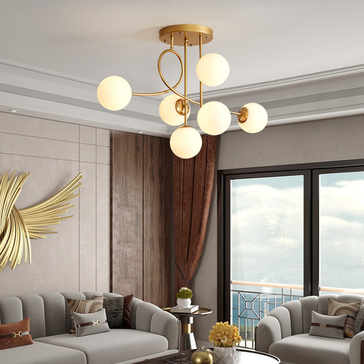 Contemporary Scandinavian Magic Bean Round Glass Iron 6-Light Chandelier For Living Room