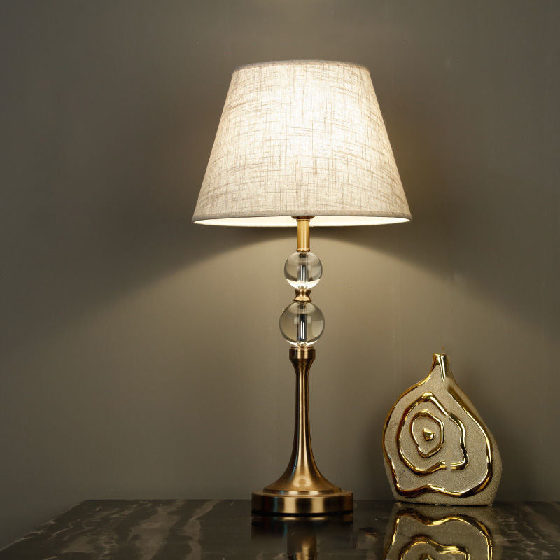 Traditional Vintage Scalloped Round Beads Fabric Crystal Brass 1-Light Table Lamp For Living Room