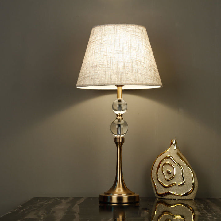 Lámpara de Mesa de 1 Luz de Latón con Cristal y Tela con Cuentas Redondas Vintage Tradicionales con Bordes Festoneados para Sala de Estar 