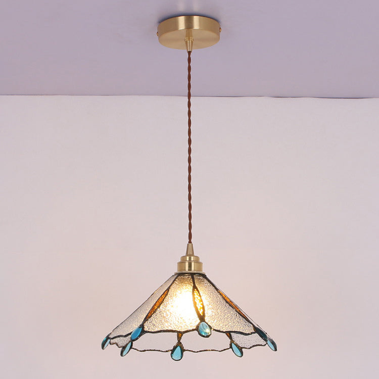 Contemporary Creative Conical Round Umbrella Glass Brass 1-Light Pendant Light For Living Room