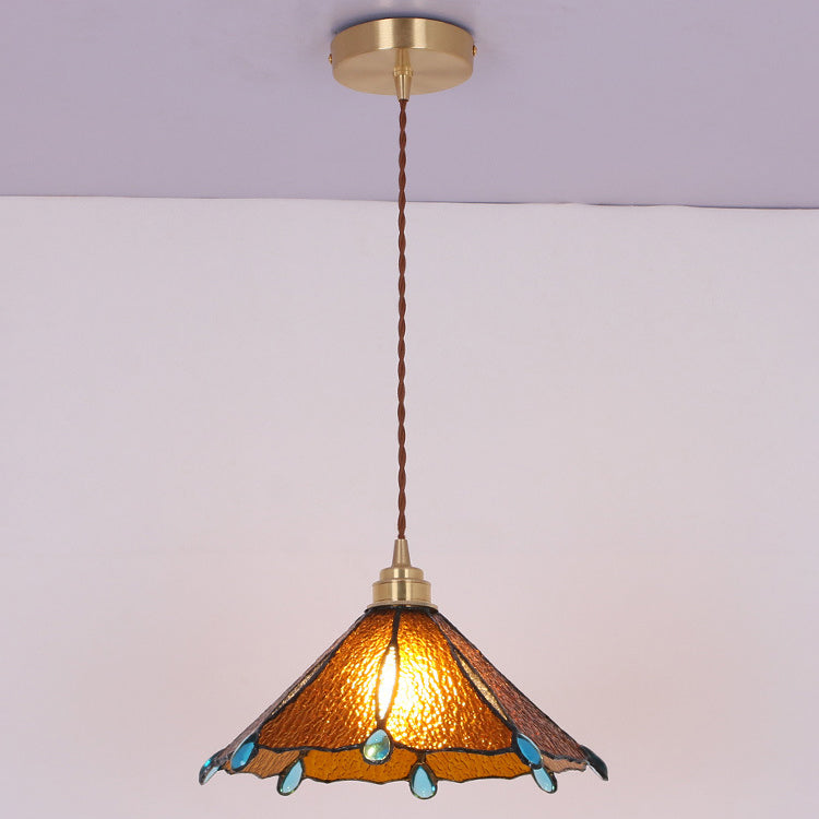 Contemporary Creative Conical Round Umbrella Glass Brass 1-Light Pendant Light For Living Room