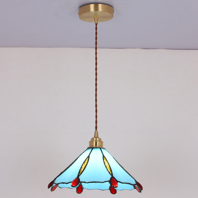 Contemporary Creative Conical Round Umbrella Glass Brass 1-Light Pendant Light For Living Room