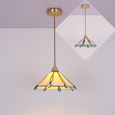 Contemporary Creative Conical Round Umbrella Glass Brass 1-Light Pendant Light For Living Room