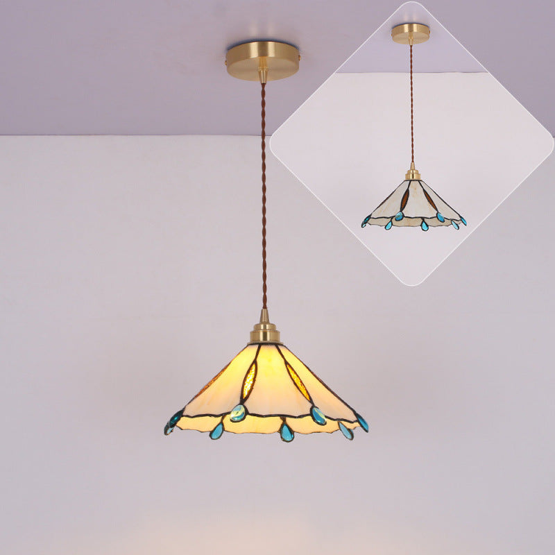 Contemporary Creative Conical Round Umbrella Glass Brass 1-Light Pendant Light For Living Room
