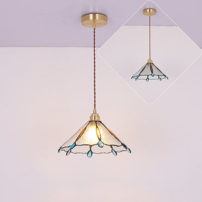 Contemporary Creative Conical Round Umbrella Glass Brass 1-Light Pendant Light For Living Room