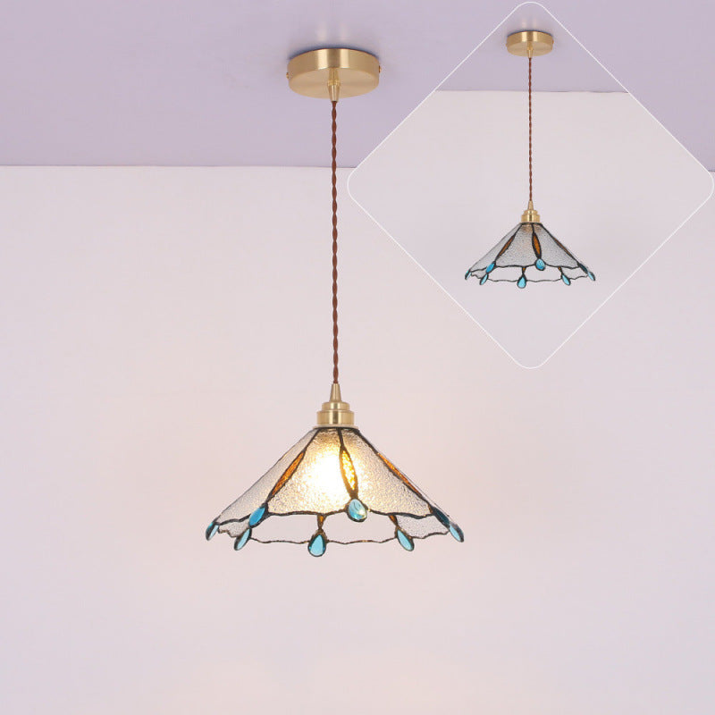 Contemporary Creative Conical Round Umbrella Glass Brass 1-Light Pendant Light For Living Room
