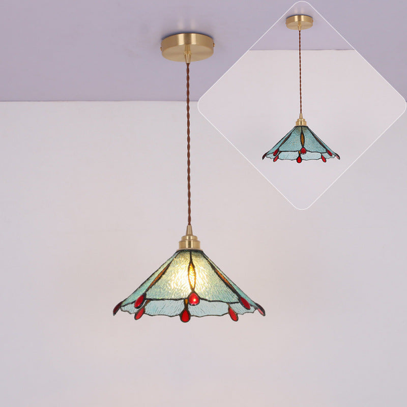 Contemporary Creative Conical Round Umbrella Glass Brass 1-Light Pendant Light For Living Room