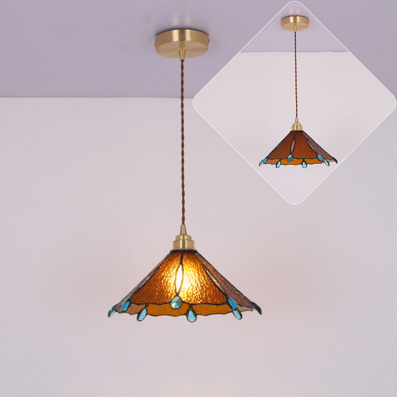 Contemporary Creative Conical Round Umbrella Glass Brass 1-Light Pendant Light For Living Room
