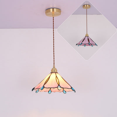 Contemporary Creative Conical Round Umbrella Glass Brass 1-Light Pendant Light For Living Room
