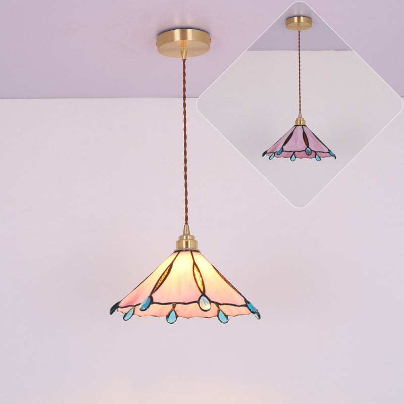 Contemporary Creative Conical Round Umbrella Glass Brass 1-Light Pendant Light For Living Room